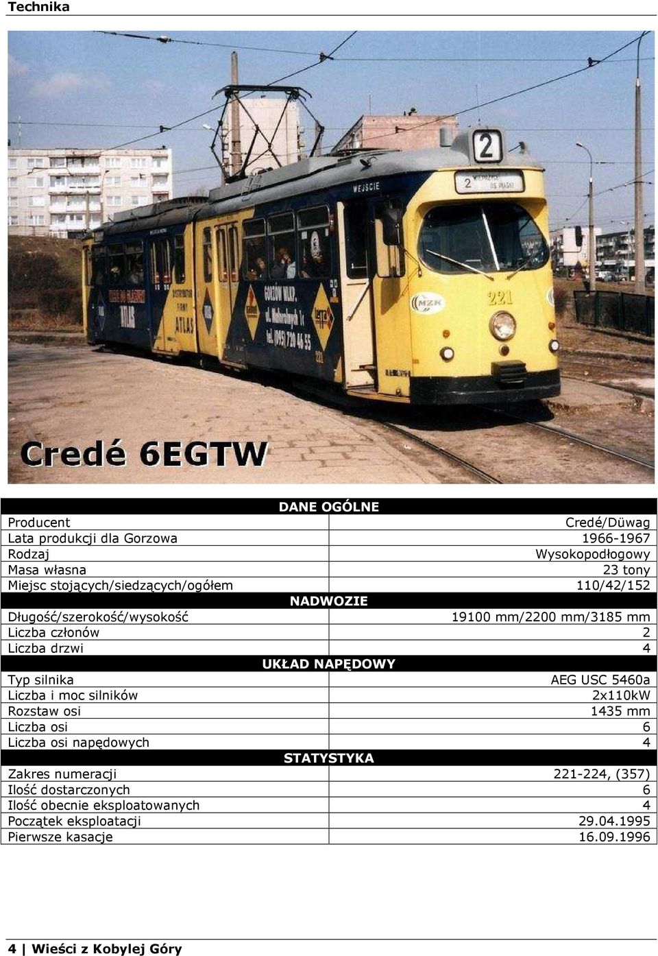 NAPĘDOWY Typ silnika AEG USC 5460a Liczba i moc silników 2x110kW Rozstaw osi 1435 mm Liczba osi 6 Liczba osi napędowych 4 STATYSTYKA Zakres