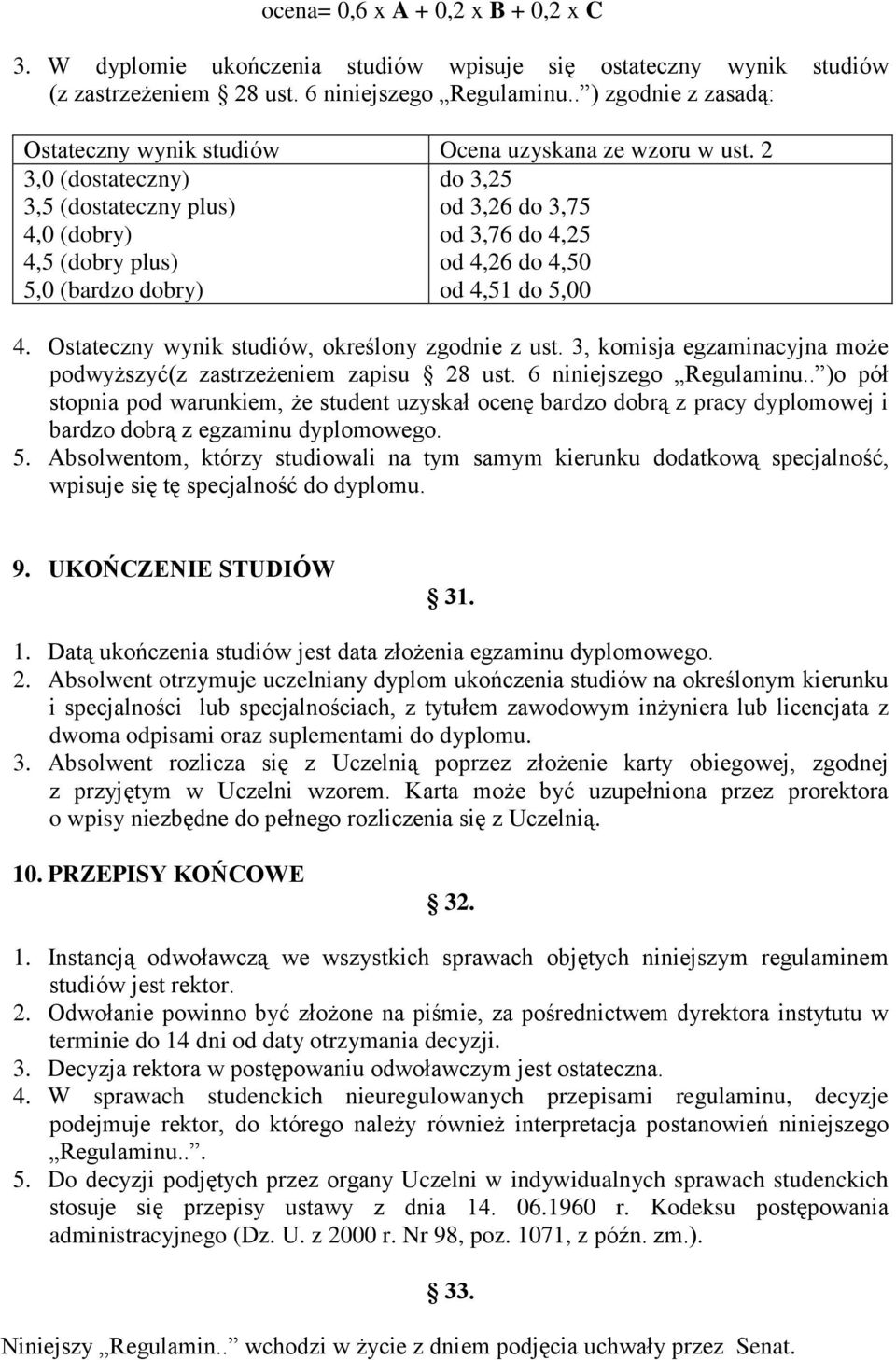 2 3,0 (dostateczny) do 3,25 3,5 (dostateczny plus) od 3,26 do 3,75 4,0 (dobry) od 3,76 do 4,25 4,5 (dobry plus) od 4,26 do 4,50 5,0 (bardzo dobry) od 4,51 do 5,00 4.