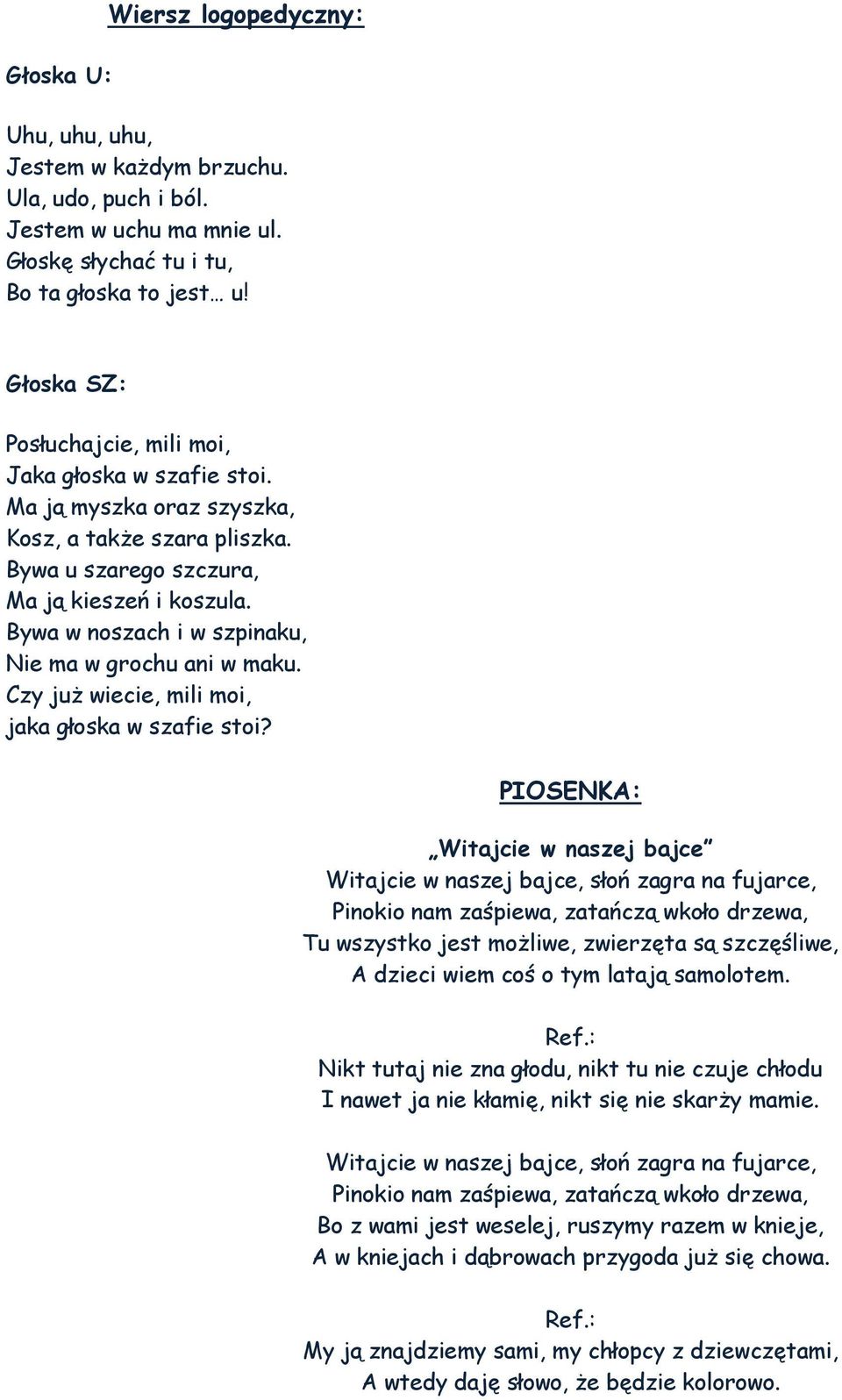 Bywa w noszach i w szpinaku, Nie ma w grochu ani w maku. Czy już wiecie, mili moi, jaka głoska w szafie stoi?