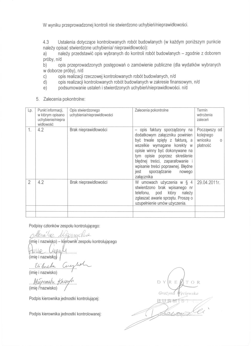 budowlanych, n/d d) opis realizacji kontrolowanych rob6t budowlanych w zakresie finansowym, n/d e) podsumowanie ustaleri i stwierdzonych uchybieri/nieprawidtowosci. n/d Lp. Punk!