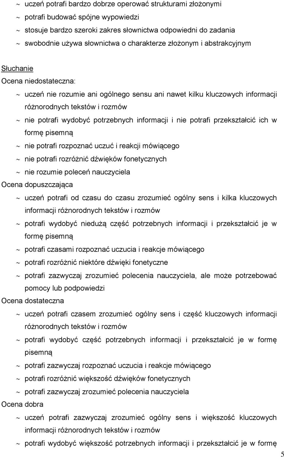 informacji i nie potrafi przekształcić ich w formę pisemną nie potrafi rozpoznać uczuć i reakcji mówiącego nie potrafi rozróżnić dźwięków fonetycznych nie rozumie poleceń nauczyciela Ocena