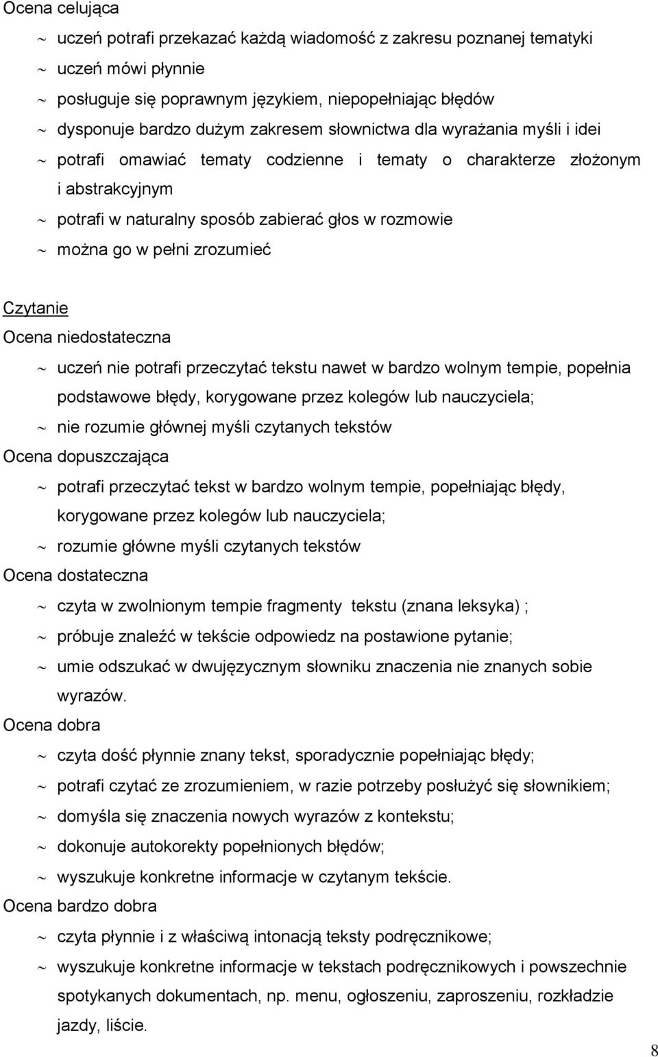 Czytanie Ocena niedostateczna uczeń nie potrafi przeczytać tekstu nawet w bardzo wolnym tempie, popełnia podstawowe błędy, korygowane przez kolegów lub nauczyciela; nie rozumie głównej myśli