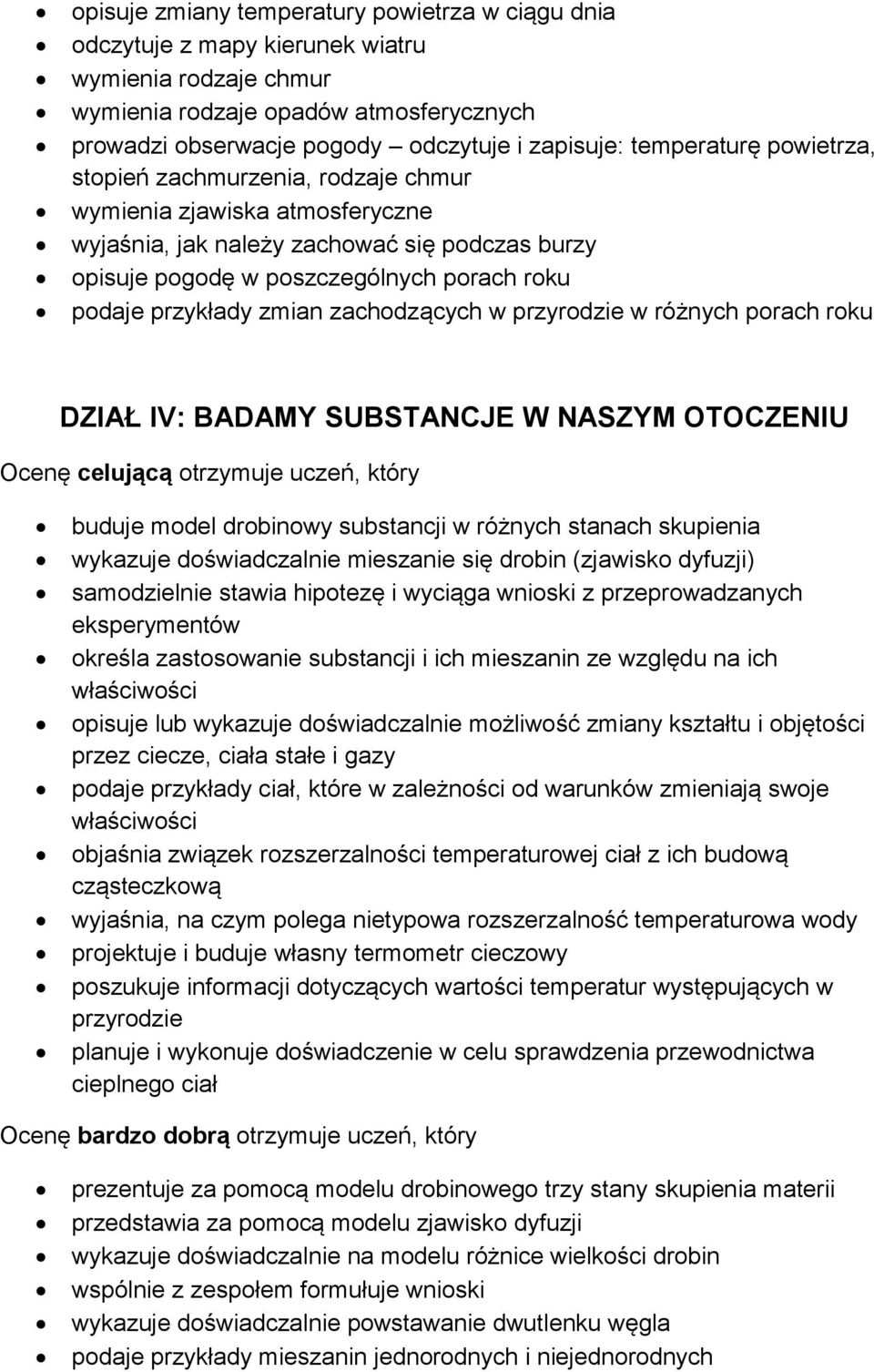 zmian zachodzących w przyrodzie w różnych porach roku DZIAŁ IV: BADAMY SUBSTANCJE W NASZYM OTOCZENIU Ocenę celującą otrzymuje uczeń, który buduje model drobinowy substancji w różnych stanach