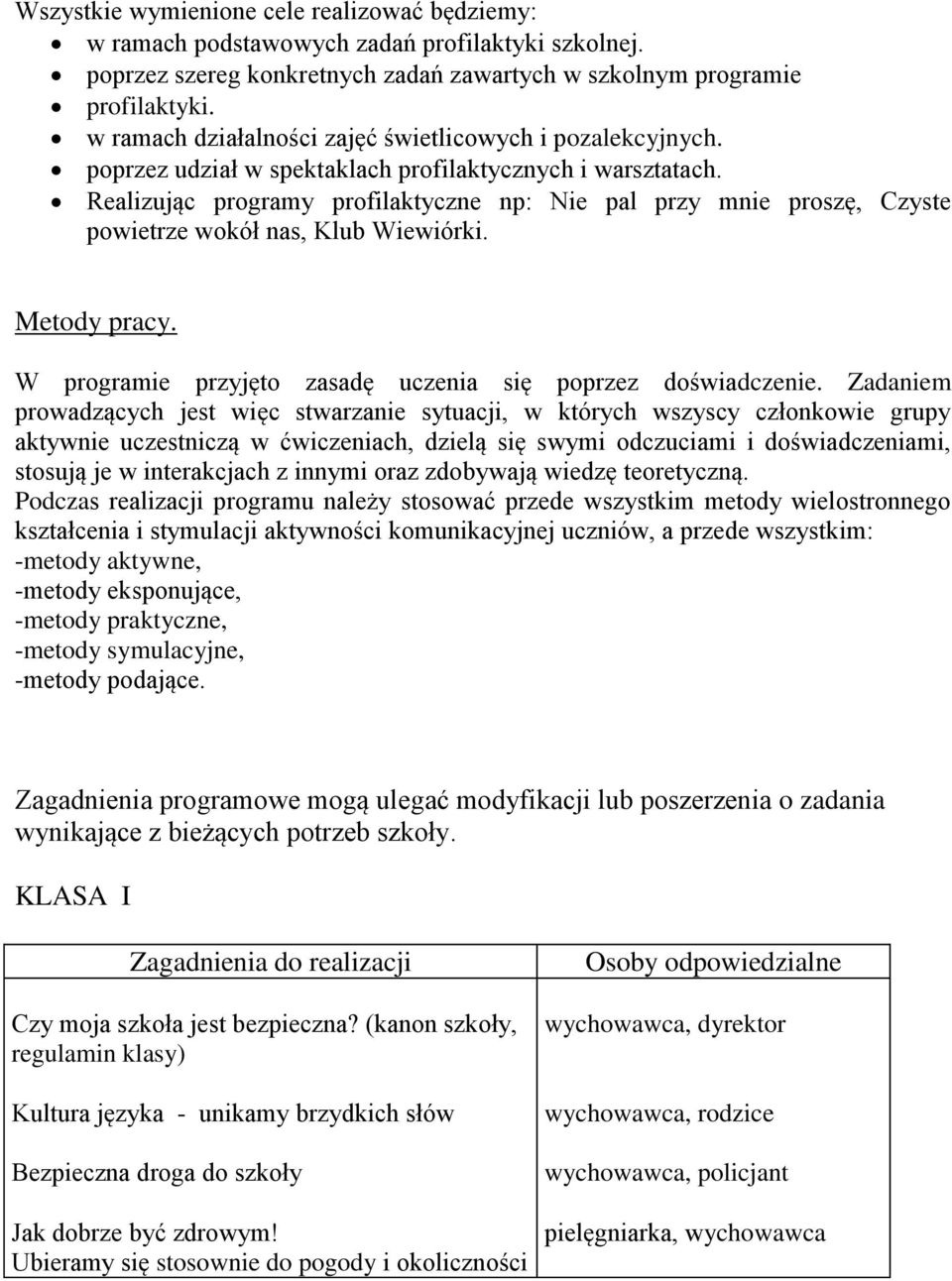 Realizując programy profilaktyczne np: Nie pal przy mnie proszę, Czyste powietrze wokół nas, Klub Wiewiórki. Metody pracy. W programie przyjęto zasadę uczenia się poprzez doświadczenie.