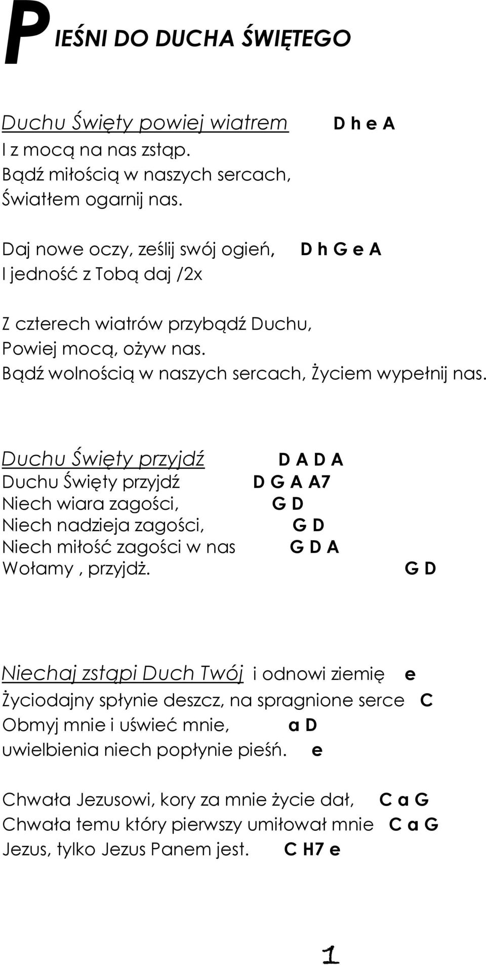 Duchu Święty przyjdź Duchu Święty przyjdź Niech wiara zagości, Niech nadzieja zagości, Niech miłość zagości w nas Wołamy, przyjdż.