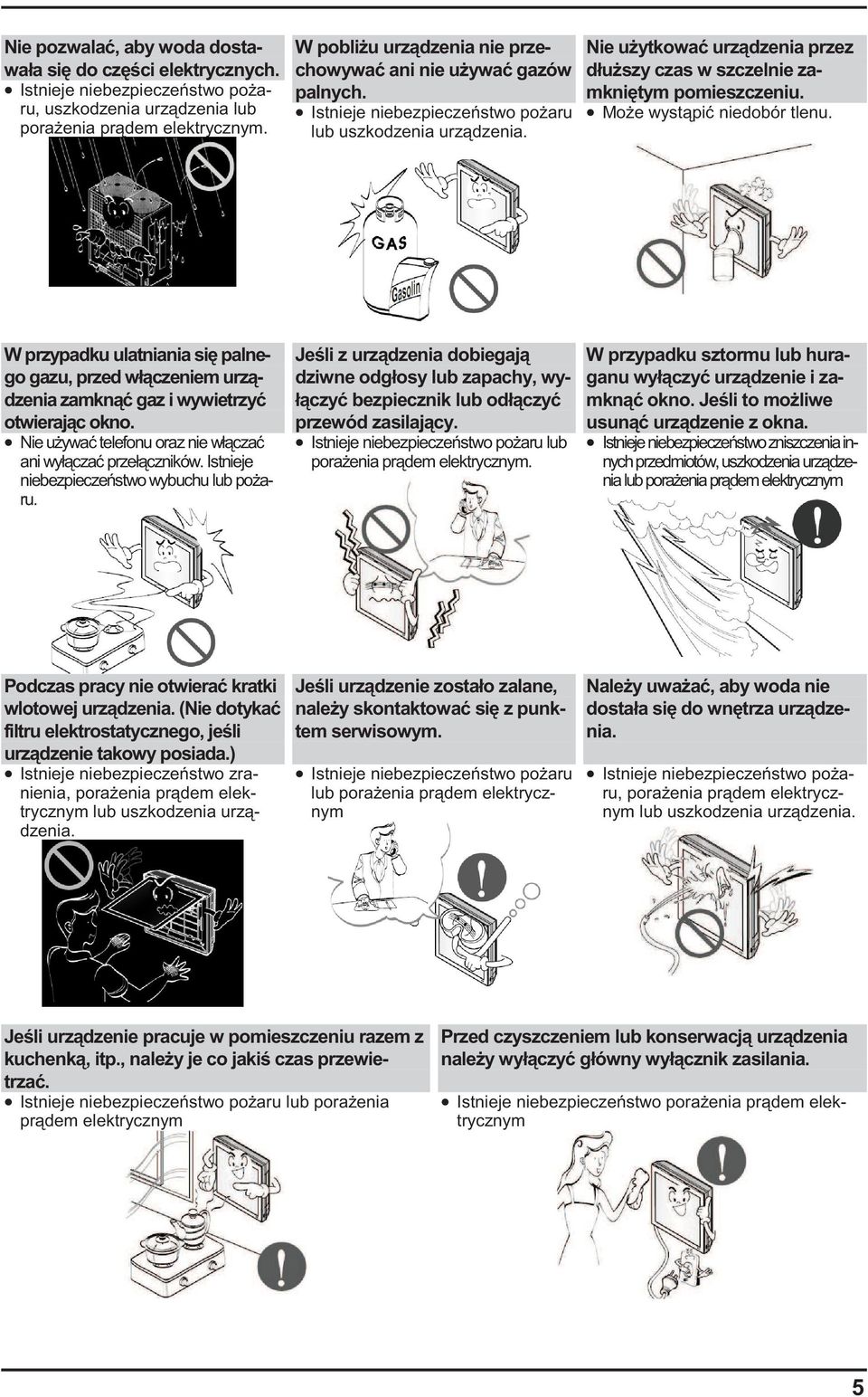 W przypadku ulatniania si palnego gazu, przed wł czeniem urz dzenia zamkn gaz i wywietrzy otwieraj c okno. Nie u ywa telefonu oraz nie wł cza ani wył cza przeł czników.