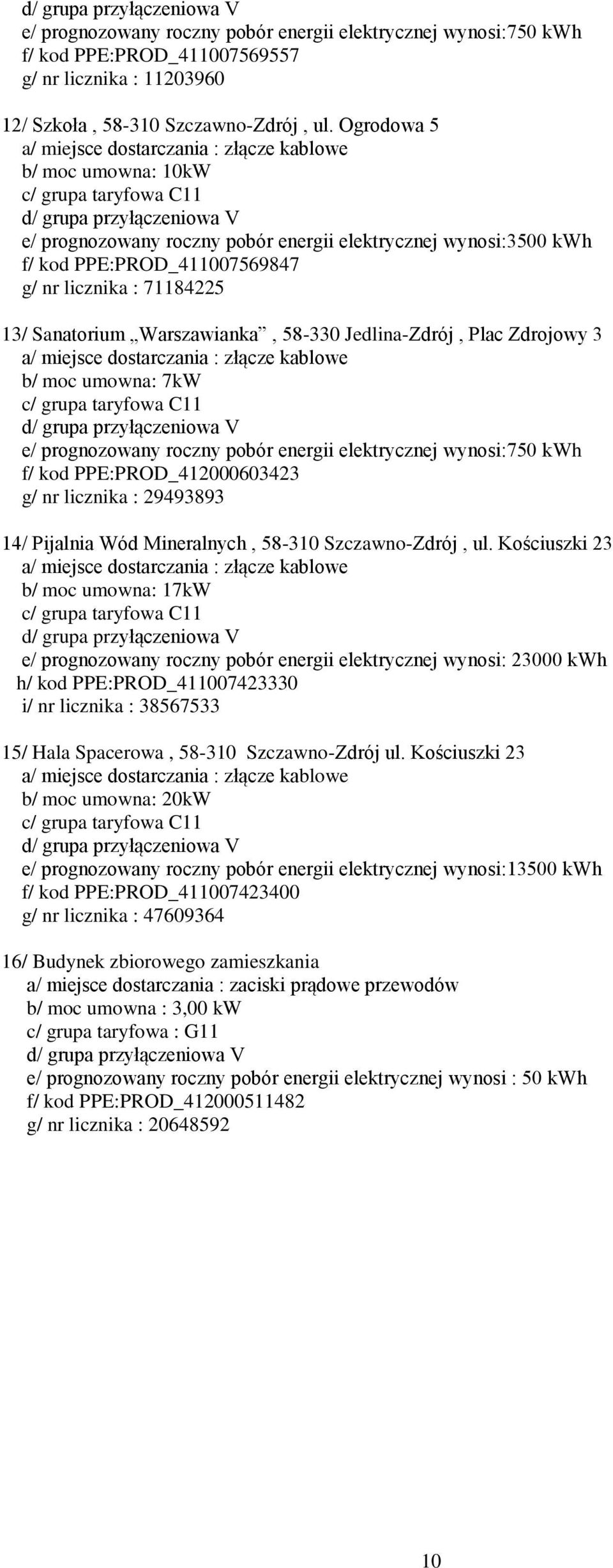 Jedlina-Zdrój, Plac Zdrojowy 3 b/ moc umowna: 7kW e/ prognozowany roczny pobór energii elektrycznej wynosi:750 kwh f/ kod PPE:PROD_412000603423 g/ nr licznika : 29493893 14/ Pijalnia Wód Mineralnych,