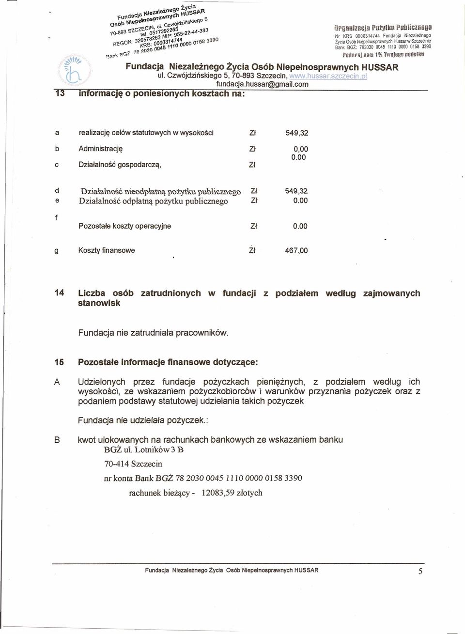 00 d Działalność nioodpłatną. pożytku pubhczneg~ Z~ 549,32 e Działalność odpłatną pożytku publicznego Zł 0.00 f Pozostałe koszty operacyjne Zł 0.