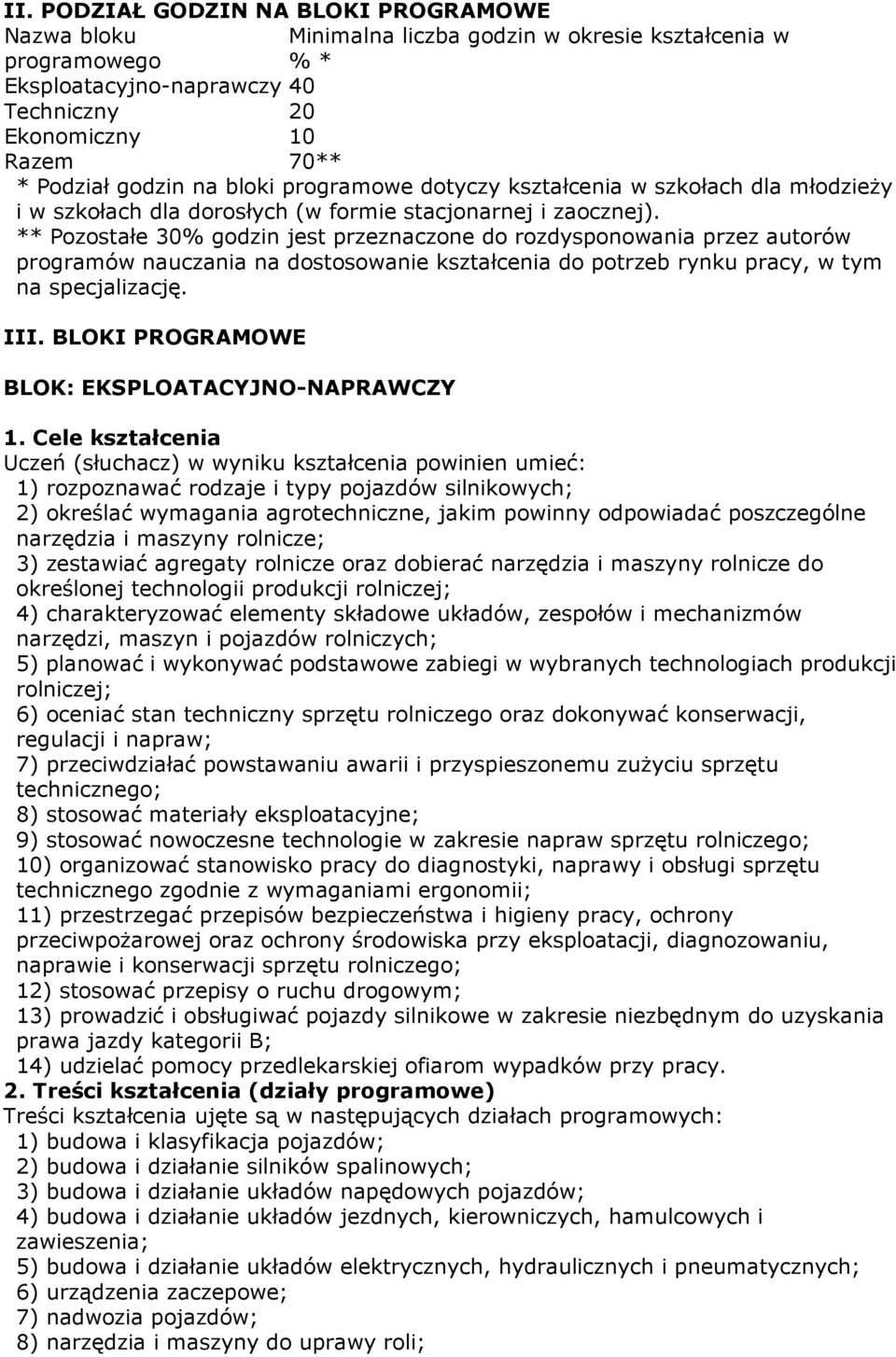 ** Pozostałe 30% godzin jest przeznaczone do rozdysponowania przez autorów programów nauczania na dostosowanie kształcenia do potrzeb rynku pracy, w tym na specjalizację. III.