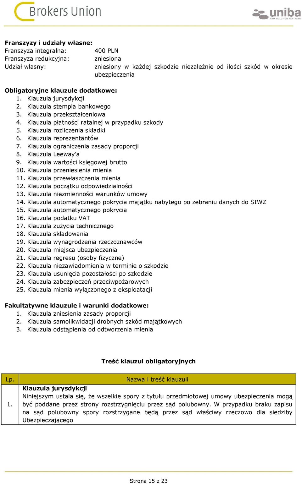 Klauzula reprezentantów 7. Klauzula ograniczenia zasady proporcji 8. Klauzula Leeway a 9. Klauzula wartości księgowej brutto 10. Klauzula przeniesienia mienia 11. Klauzula przewłaszczenia mienia 12.