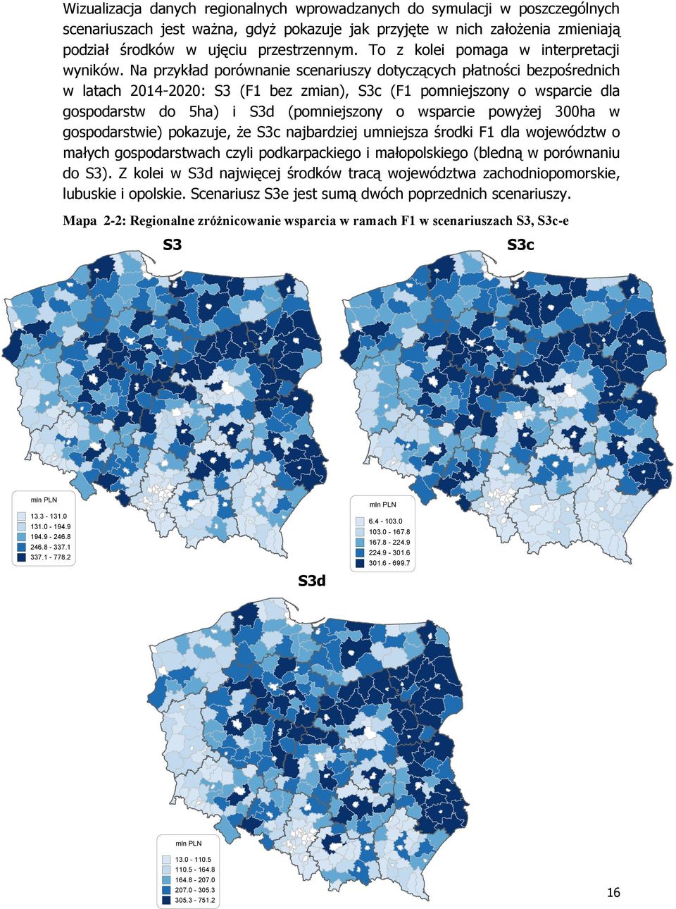 Na przykład porównanie scenariuszy dotyczących płatności bezpośrednich w latach 2014-2020: S3 (F1 bez zmian), S3c (F1 pomniejszony o wsparcie dla gospodarstw do 5ha) i S3d (pomniejszony o wsparcie