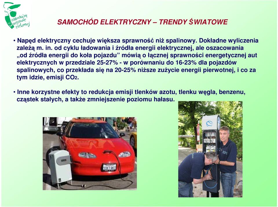 elektrycznych w przedziale 25-27% - w porównaniu do 16-23% dla pojazdów spalinowych, co przekłada się na 20-25% niŝsze zuŝycie energii pierwotnej,