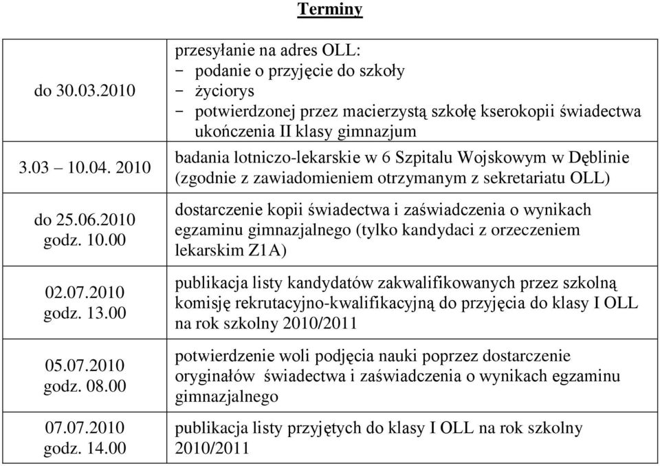 Wojskowym w Dęblinie (zgodnie z zawiadomieniem otrzymanym z sekretariatu OLL) dostarczenie kopii świadectwa i zaświadczenia o wynikach egzaminu gimnazjalnego (tylko kandydaci z orzeczeniem lekarskim