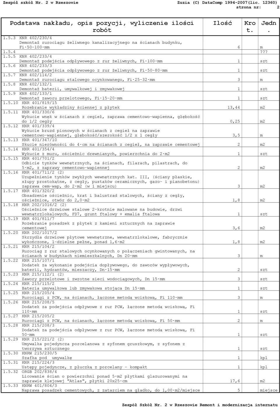 rurociągu stalowego ocynkowanego, Fi 25-32 mm 3 m 158 KNR 402/132/1 Demontaż baterii, umywalkowej i zmywakowej 1 szt 159 KNR 402/133/1 Demontaż zaworu przelotowego, Fi 15-20 mm 1 szt 1510 KNR