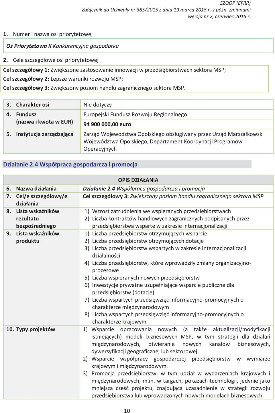 poziom handlu zagranicznego sektora MSP. 3. Charakter osi Nie dotyczy 4. Fundusz (nazwa i kwota w EUR) Europejski Fundusz Rozwoju Regionalnego 94 900 000,00 euro 5.