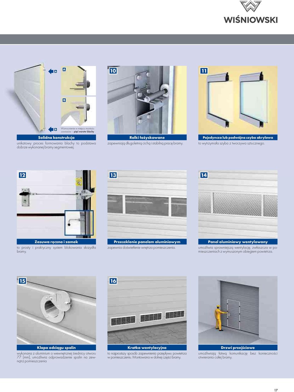 12 13 14 Zasuwa ręczna i zamek to prosty i praktyczny system blokowania skrzydła bramy. Przeszklenie panelem aluminiowym zapewnia doświetlenie wnętrza pomieszczenia.