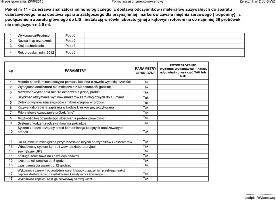 1 Wykonawca/Producent Podać 2 Nazwa i typ urządzenia Podać 3 Kraj pochodzenia Podać 4 Rok produkcji min.