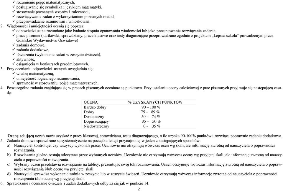 Wiadomości i umiejętności ocenia się poprzez: odpowiedzi ustne rozumiane jako badanie stopnia opanowania wiadomości lub jako prezentowanie rozwiązania zadania, prace pisemne (kartkówki, sprawdziany,