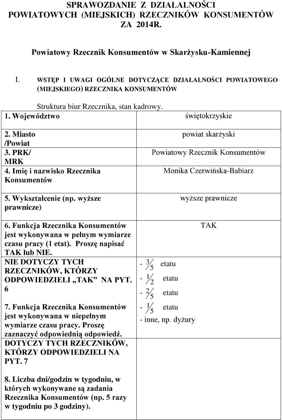 Imię i nazwisko Rzecznika Konsumentów 5. Wykształcenie (np. wyższe prawnicze) powiat skarżyski Powiatowy Rzecznik Konsumentów Monika CzerwińskaBabiarz wyższe prawnicze 6.