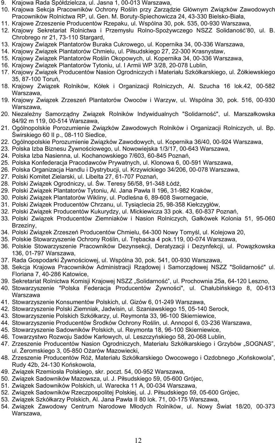 Krajowy Sekretariat Rolnictwa i Przemys u Rolno-Spo ywczego NSZZ Solidano 80, ul. B. Chrobrego nr 21, 73-110 Stargard, 13. Krajowy Zwi zek Plantatorów Buraka Cukrowego, ul.