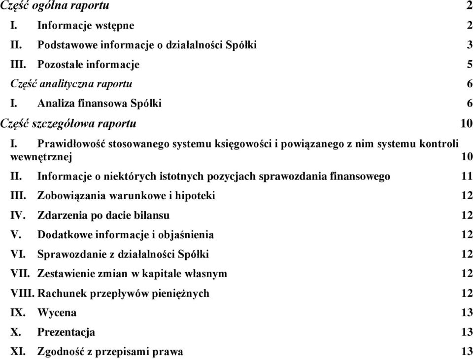 Informacje o niektórych istotnych pozycjach sprawozdania finansowego 11 III. Zobowiązania warunkowe i hipoteki 12 IV. Zdarzenia po dacie bilansu 12 V.