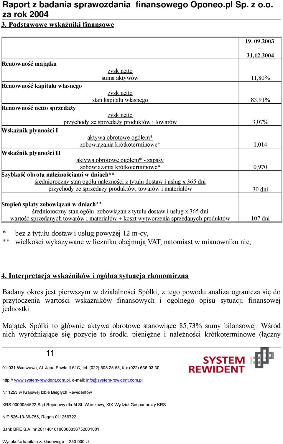 towarów 3,07% Wskaźnik płynności I aktywa obrotowe ogółem* zobowiązania krótkoterminowe* 1,014 Wskaźnik płynności II aktywa obrotowe ogółem* - zapasy zobowiązania krótkoterminowe* 0,970 Szybkość