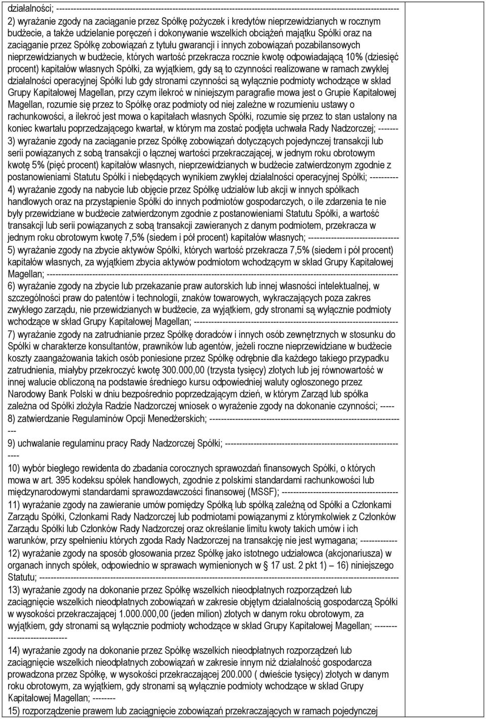 zobowiązań pozabilansowych nieprzewidzianych w budżecie, których wartość przekracza rocznie kwotę odpowiadającą 10% (dziesięć procent) kapitałów własnych Spółki, za wyjątkiem, gdy są to czynności