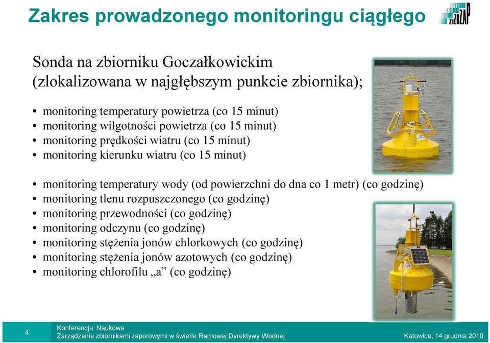 temperatury wody (od powierzchni do dna co 1 metr) (co godzinę) monitoring tlenu rozpuszczonego (co godzinę) monitoring przewodności (co godzinę) monitoring