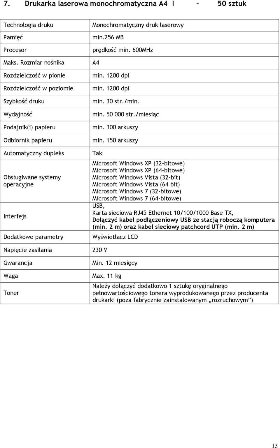 parametry Napięcie zasilania Gwarancja Waga Toner Monochromatyczny druk laserowy min.256 MB prędkość min. 600MHz A4 min. 1200 dpi min. 1200 dpi min. 30 str./min. min. 50 000 str./miesiąc min.