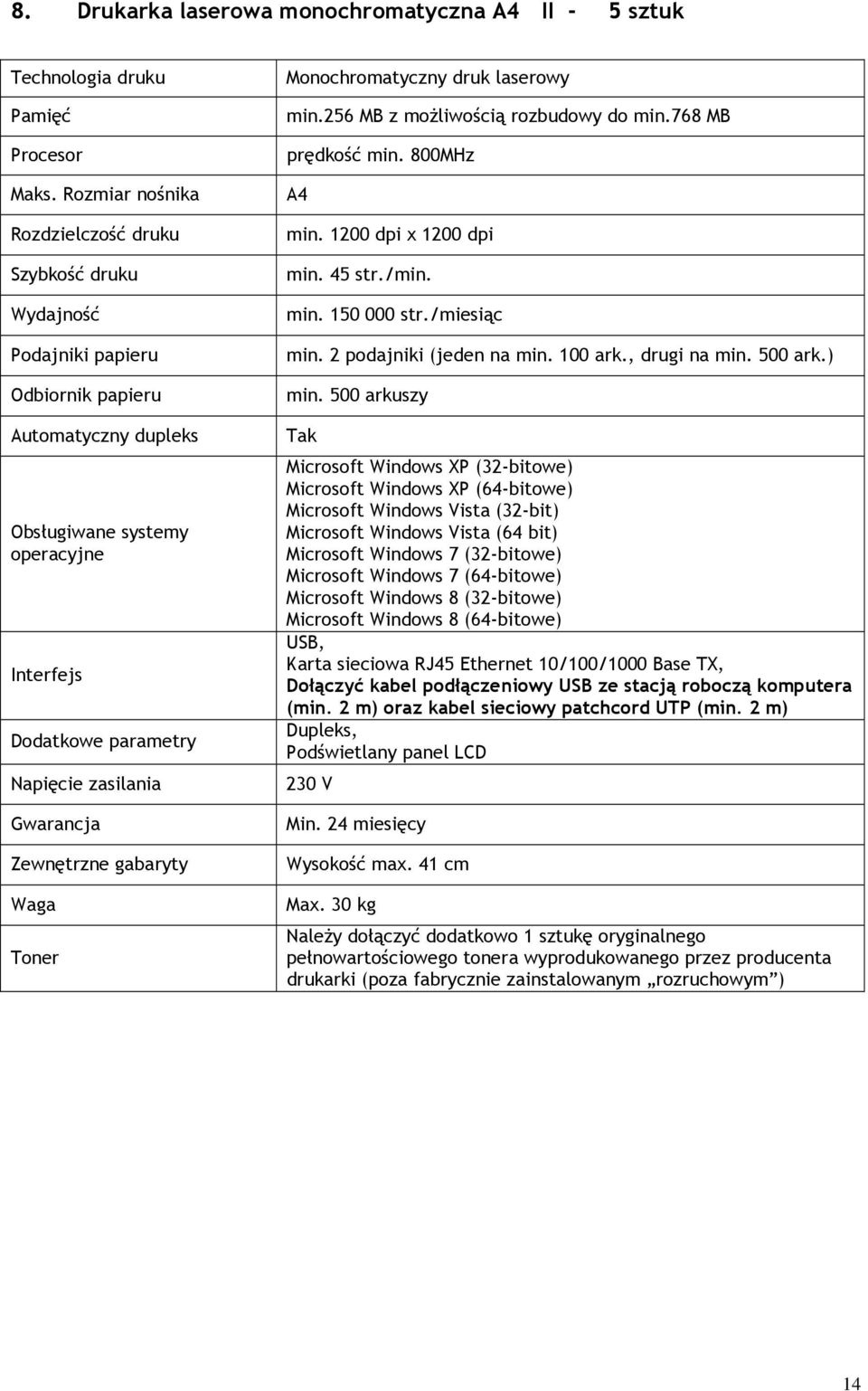 Gwarancja Zewnętrzne gabaryty Waga Toner Monochromatyczny druk laserowy min.256 MB z możliwością rozbudowy do min.768 MB prędkość min. 800MHz A4 min. 1200 dpi x 1200 dpi min. 45 str./min. min. 150 000 str.