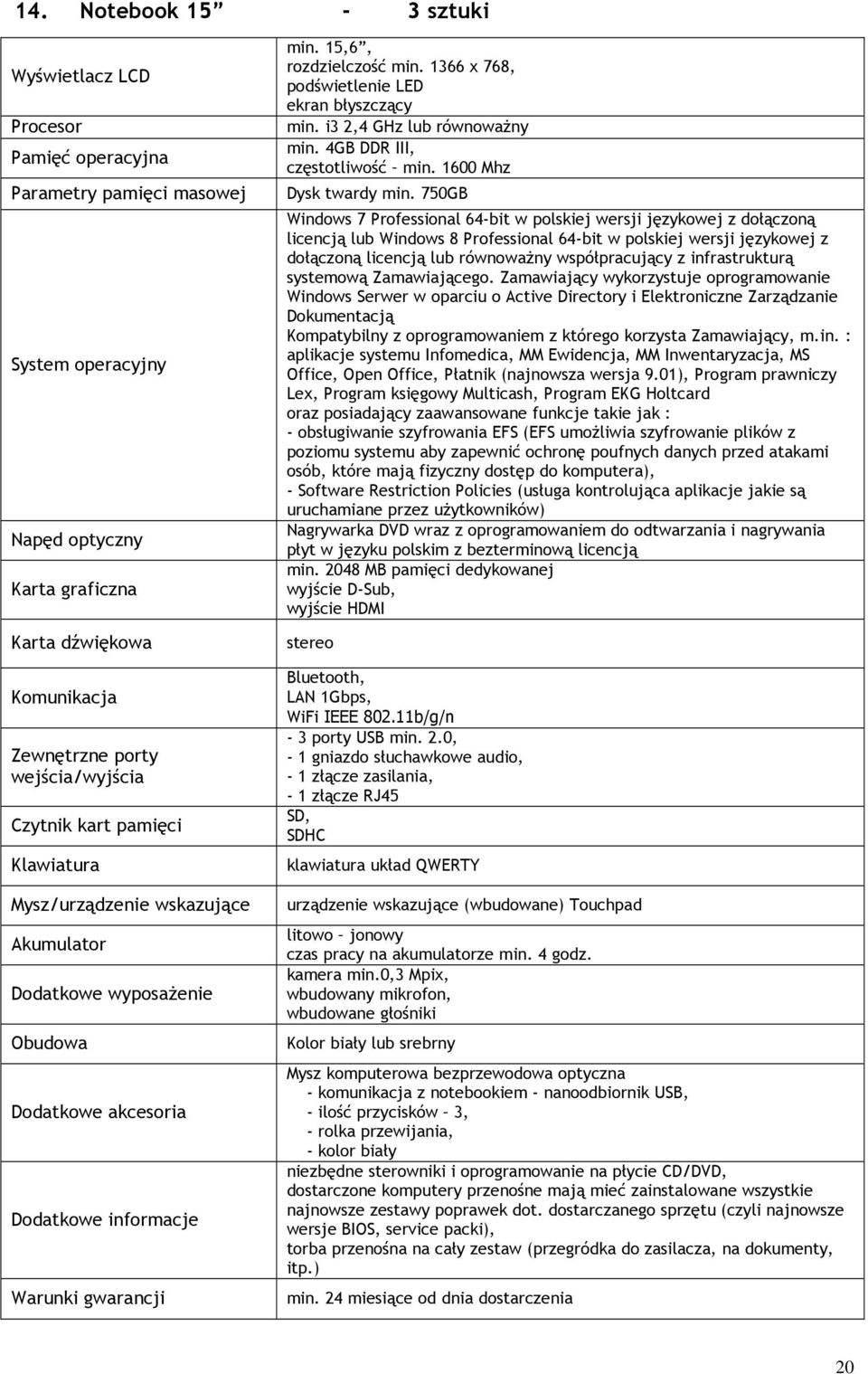 15,6, rozdzielczość min. 1366 x 768, podświetlenie LED ekran błyszczący min. i3 2,4 GHz lub równoważny min. 4GB DDR III, częstotliwość min. 1600 Mhz Dysk twardy min.