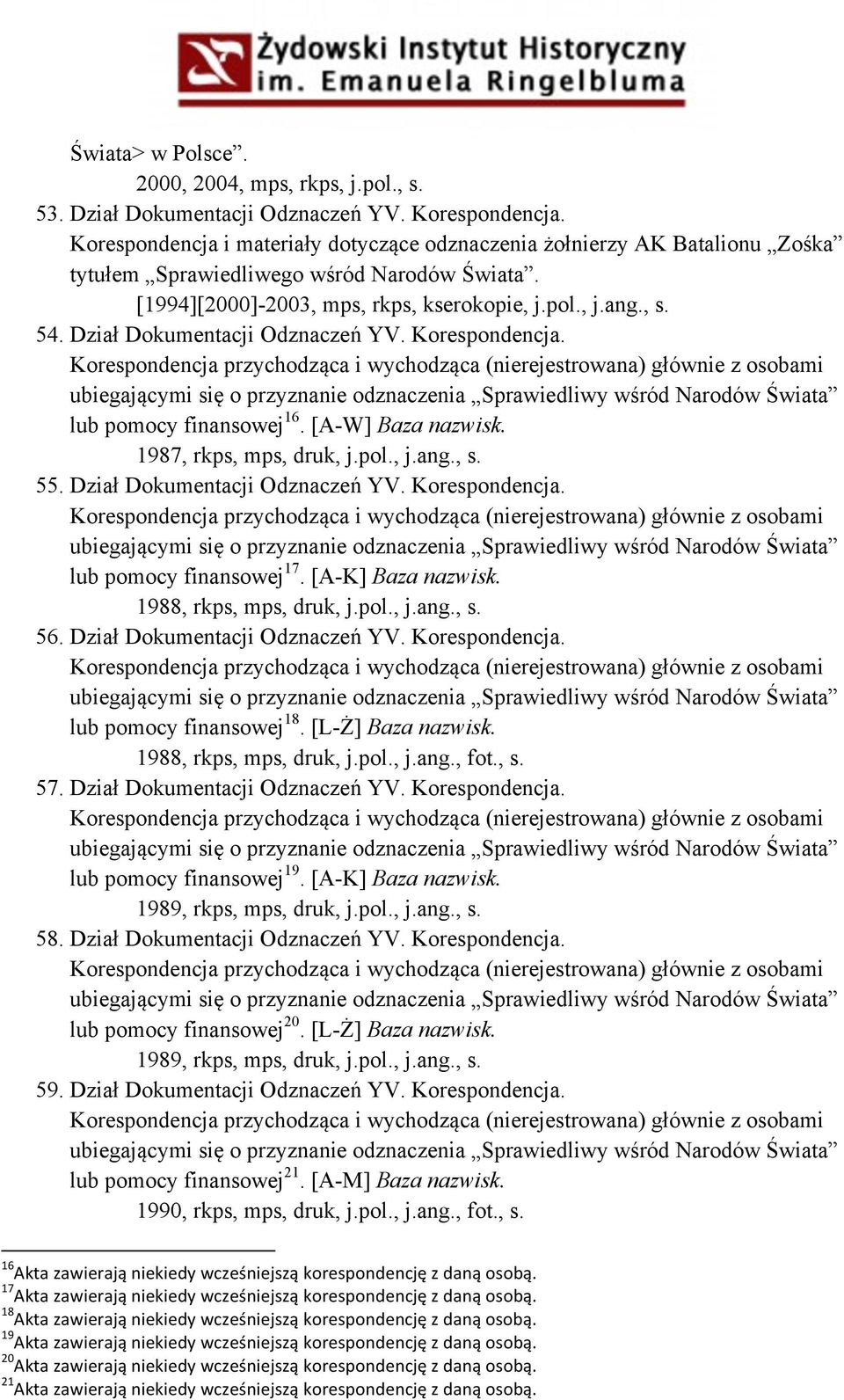 Dział Dokumentacji Odznaczeń YV. Korespondencja. lub pomocy finansowej 16. [A-W] Baza nazwisk. 1987, rkps, mps, druk, j.pol., j.ang., s. 55. Dział Dokumentacji Odznaczeń YV. Korespondencja. lub pomocy finansowej 17.