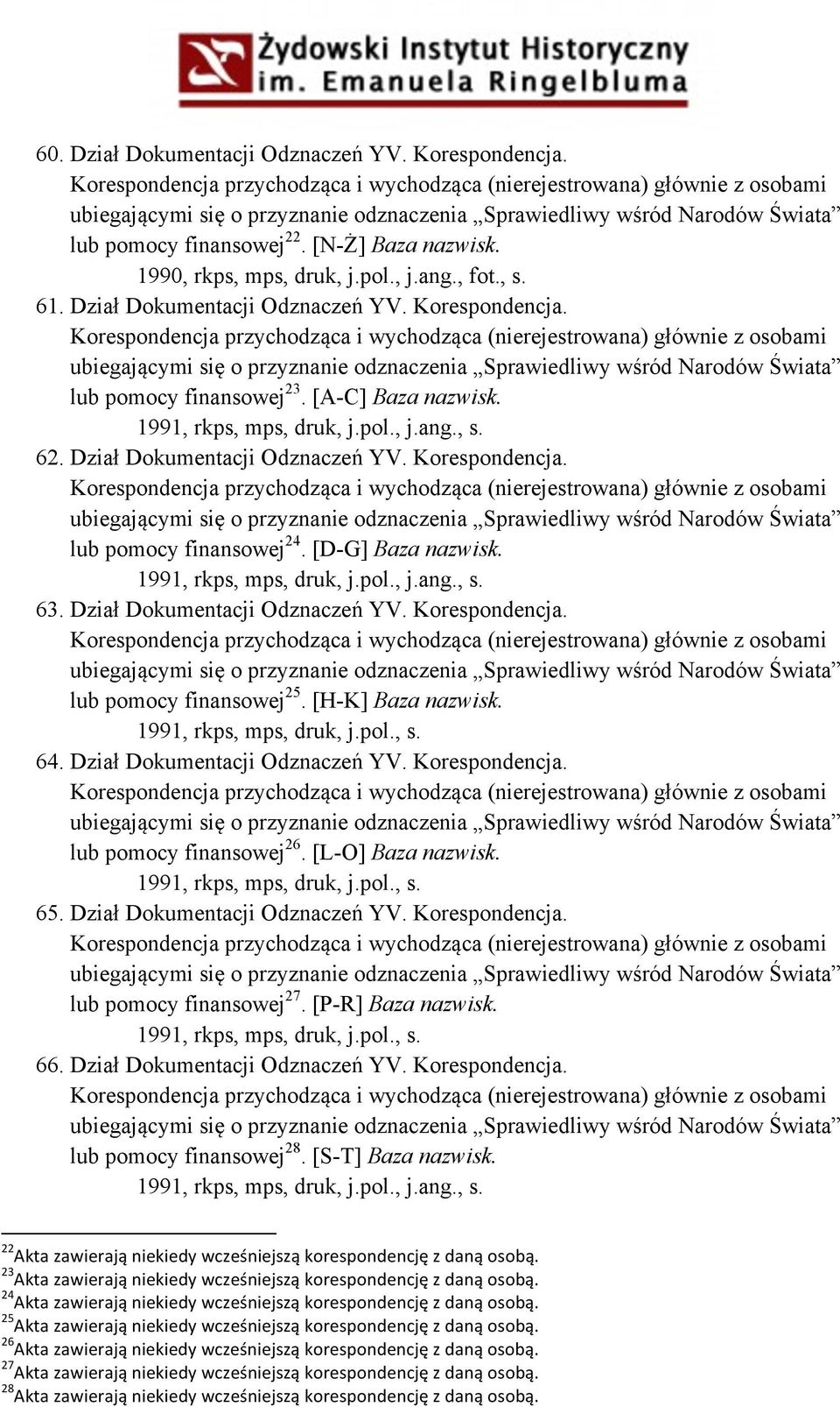 Dział Dokumentacji Odznaczeń YV. Korespondencja. lub pomocy finansowej 25. [H-K] Baza nazwisk. 1991, rkps, mps, druk, j.pol., s. 64. Dział Dokumentacji Odznaczeń YV. Korespondencja. lub pomocy finansowej 26.