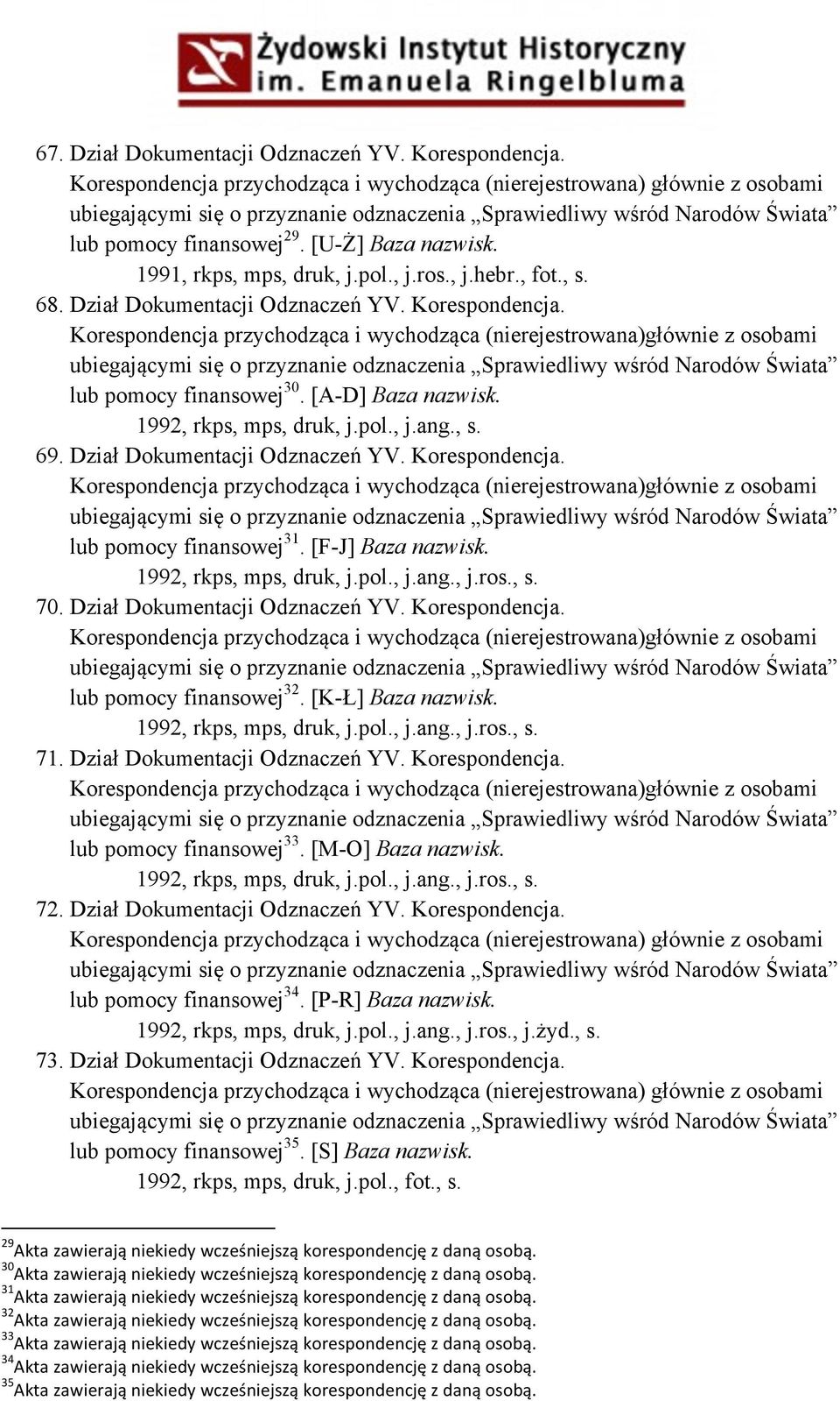 Korespondencja przychodząca i wychodząca (nierejestrowana)głównie z osobami lub pomocy finansowej 31. [F-J] Baza nazwisk. 1992, rkps, mps, druk, j.pol., j.ang., j.ros., s. 70.