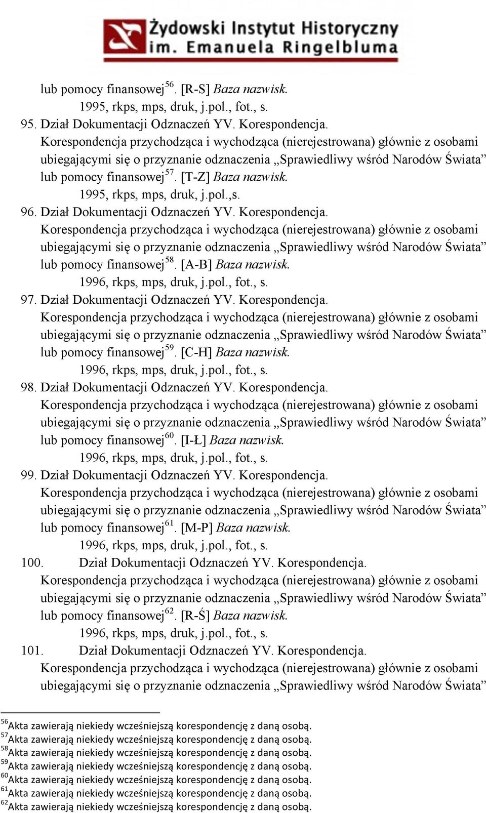 Dział Dokumentacji Odznaczeń YV. Korespondencja. lub pomocy finansowej 59. [C-H] Baza nazwisk. 1996, rkps, mps, druk, j.pol., fot., s. 98. Dział Dokumentacji Odznaczeń YV. Korespondencja. lub pomocy finansowej 60.