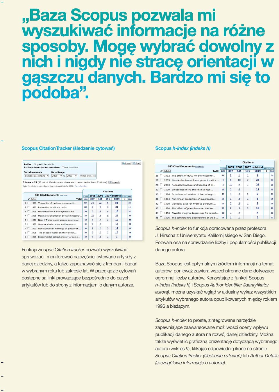 W przeglądzie cytowań dostępne są linki prowadzące bezpośrednio do całych artykułów lub do strony z informacjami o danym autorze. Scopus h-index to funkcja opracowana przez profesora J.