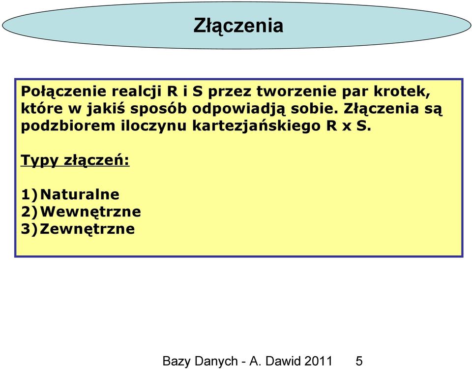 Złączenia są podzbiorem iloczynu kartezjańskiego R x S.