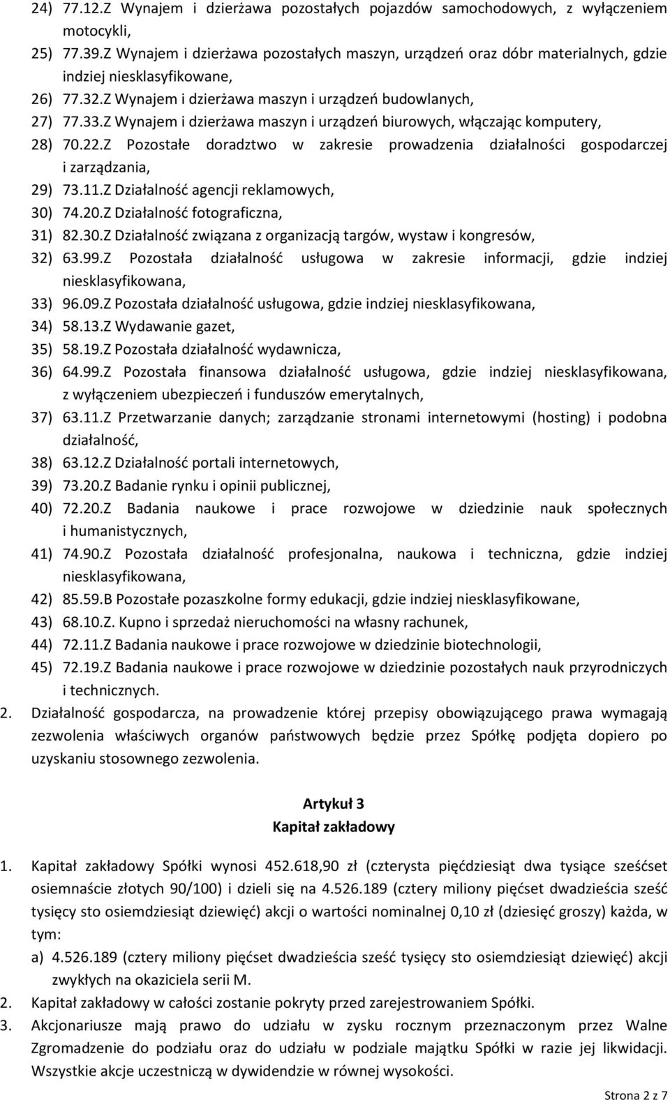 Z Wynajem i dzierżawa maszyn i urządzeń biurowych, włączając komputery, 28) 70.22.Z Pozostałe doradztwo w zakresie prowadzenia działalności gospodarczej i zarządzania, 29) 73.11.