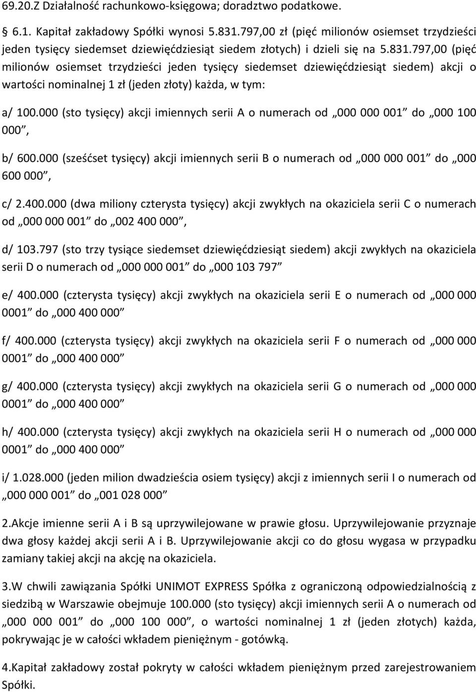 797,00 (pięć milionów osiemset trzydzieści jeden tysięcy siedemset dziewięćdziesiąt siedem) akcji o wartości nominalnej 1 zł (jeden złoty) każda, w tym: a/ 100.