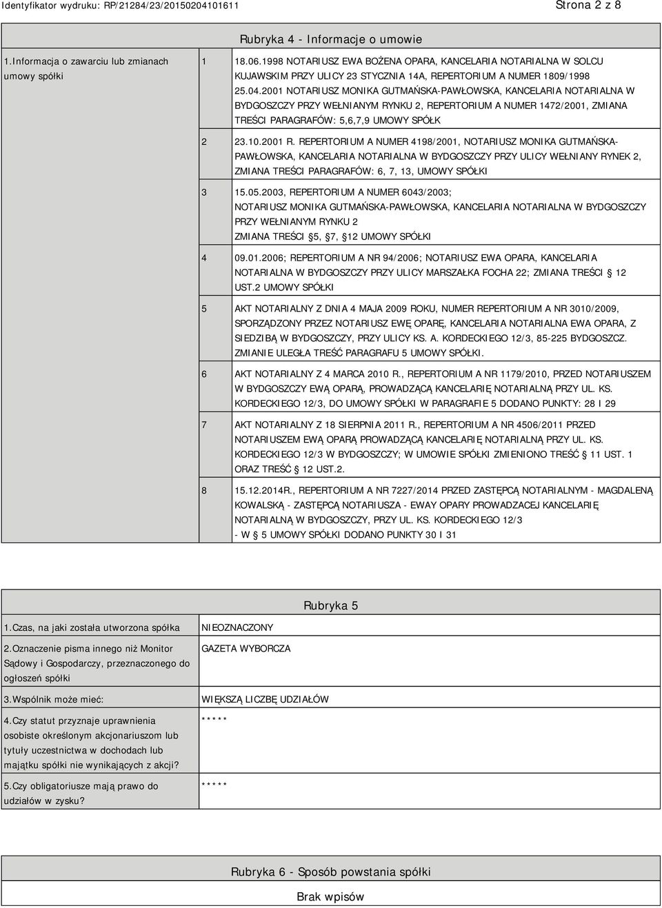 2001 NOTARIUSZ MONIKA GUTMAŃSKA-PAWŁOWSKA, KANCELARIA NOTARIALNA W BYDGOSZCZY PRZY WEŁNIANYM RYNKU 2, REPERTORIUM A NUMER 1472/2001, ZMIANA TREŚCI PARAGRAFÓW: 5,6,7,9 UMOWY SPÓŁK 2 23.10.2001 R.