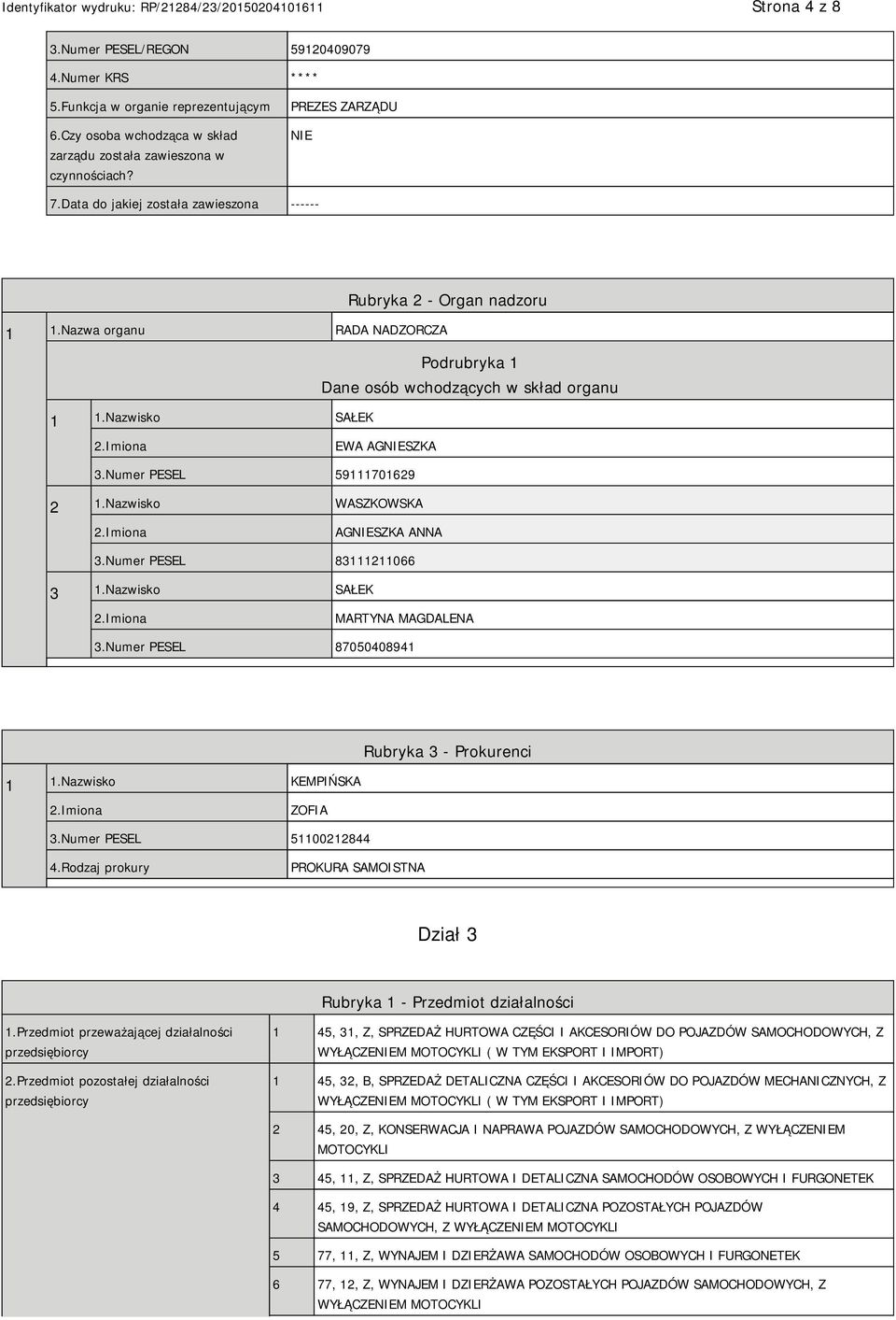 Numer PESEL 59111701629 2 1.Nazwisko WASZKOWSKA AGNIESZKA ANNA 3.Numer PESEL 83111211066 3 1.Nazwisko SAŁEK MARTYNA MAGDALENA 3.Numer PESEL 87050408941 1 1.