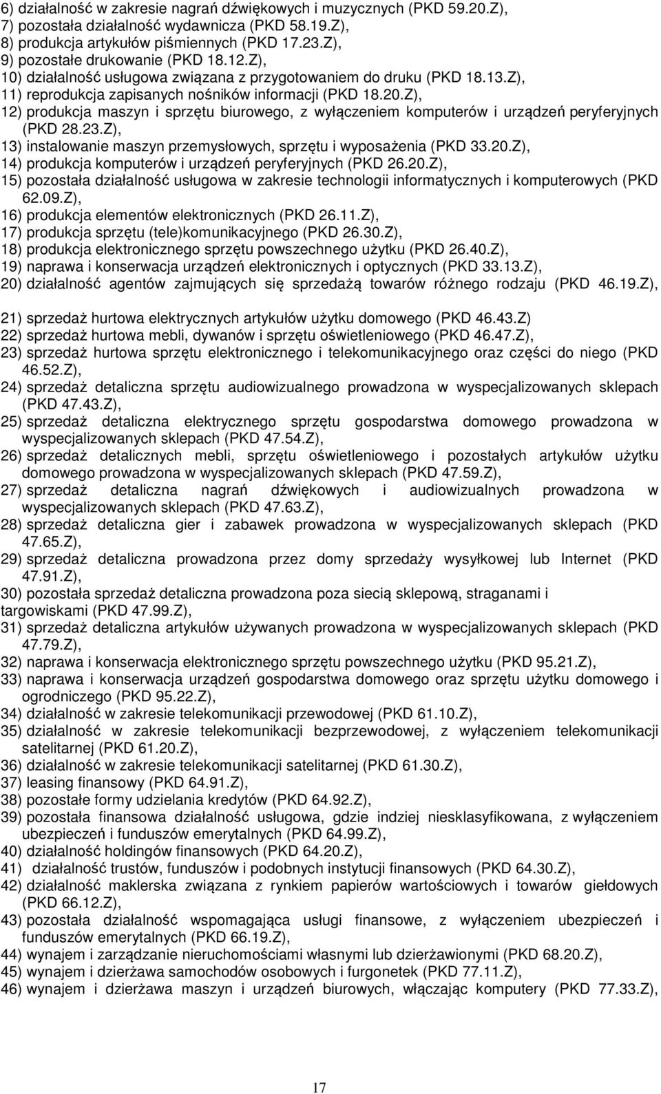 Z), 12) produkcja maszyn i sprzętu biurowego, z wyłączeniem komputerów i urządzeń peryferyjnych (PKD 28.23.Z), 13) instalowanie maszyn przemysłowych, sprzętu i wyposażenia (PKD 33.20.