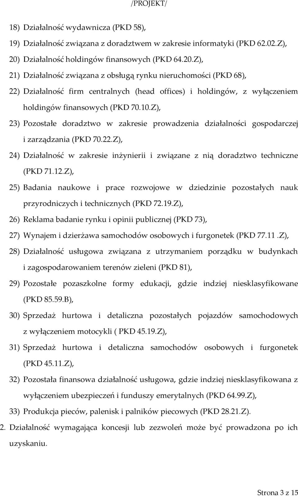 Z), 21) Działalność związana z obsługą rynku nieruchomości (PKD 68), 22) Działalność firm centralnych (head offices) i holdingów, z wyłączeniem holdingów finansowych (PKD 70.10.