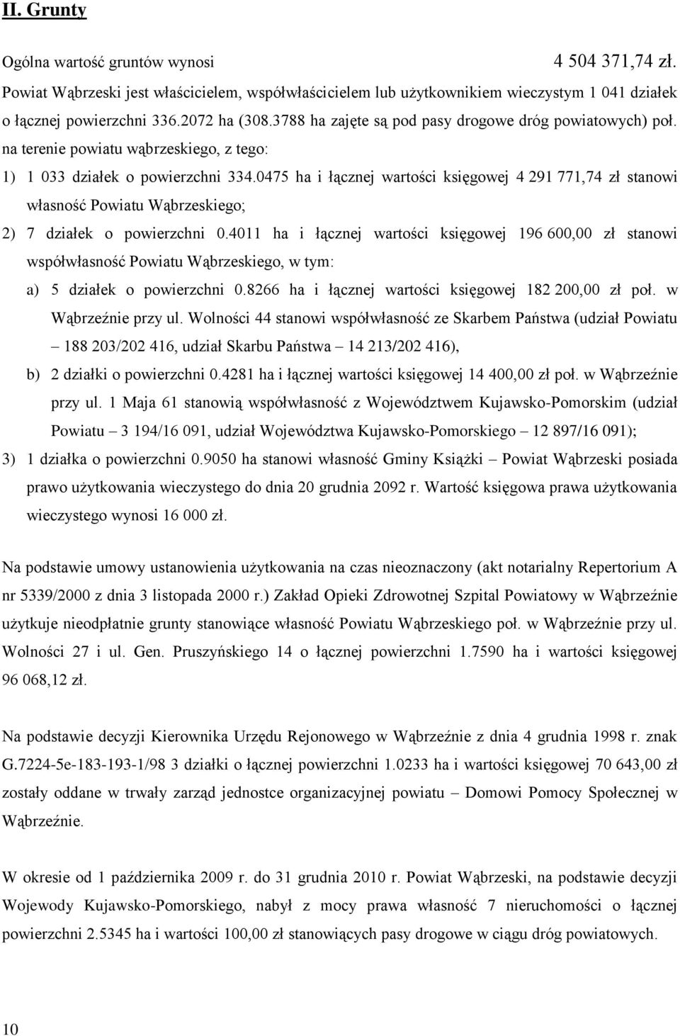 0475 ha i łącznej wartości księgowej 4 291 771,74 zł stanowi własność Powiatu Wąbrzeskiego; 2) 7 działek o powierzchni 0.