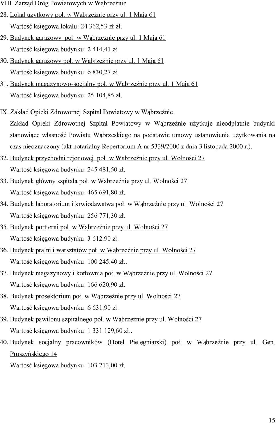 IX. Zakład Opieki Zdrowotnej Szpital Powiatowy w Wąbrzeźnie Zakład Opieki Zdrowotnej Szpital Powiatowy w Wąbrzeźnie użytkuje nieodpłatnie budynki stanowiące własność Powiatu Wąbrzeskiego na podstawie