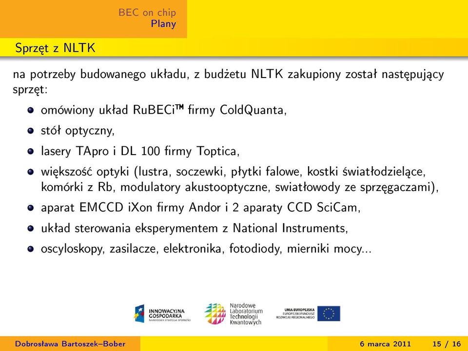 Rb, modulatory akustooptyczne, swiatªowody ze sprz gaczami), aparat EMCCD ixon rmy Andor i 2 aparaty CCD SciCam, ukªad sterowania