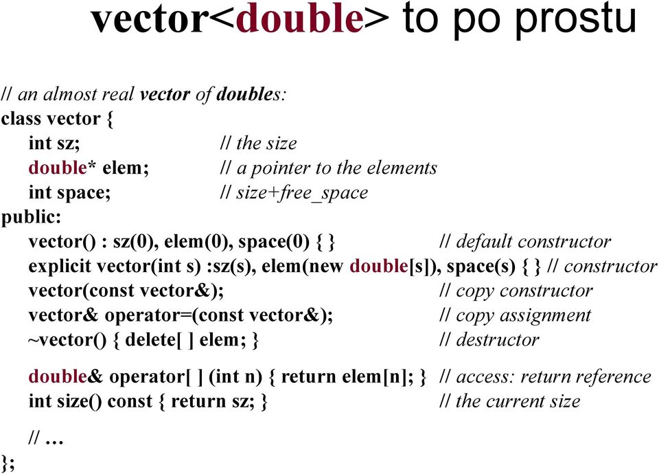 space(s) { } // constructor vector(const vector&); // copy constructor vector& operator=(const vector&); // copy assignment ~vector() { delete[ ]