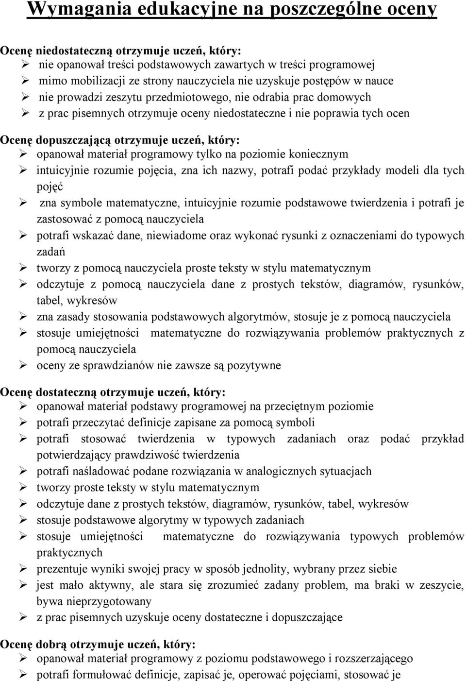 który: opanował materiał programowy tylko na poziomie koniecznym intuicyjnie rozumie pojęcia, zna ich nazwy, potrafi podać przykłady modeli dla tych pojęć zna symbole matematyczne, intuicyjnie