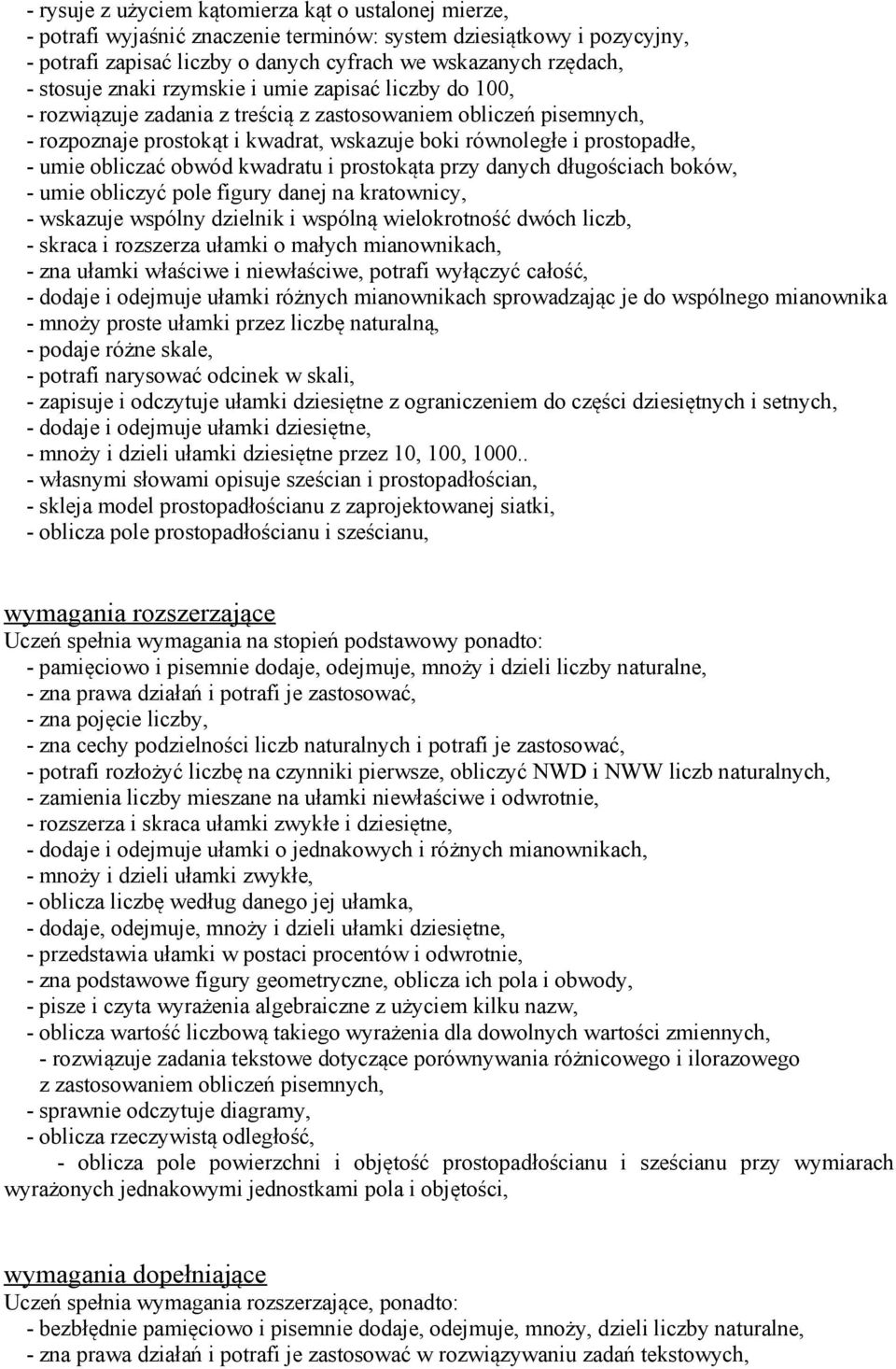 umie obliczać obwód kwadratu i prostokąta przy danych długościach boków, - umie obliczyć pole figury danej na kratownicy, - wskazuje wspólny dzielnik i wspólną wielokrotność dwóch liczb, - skraca i