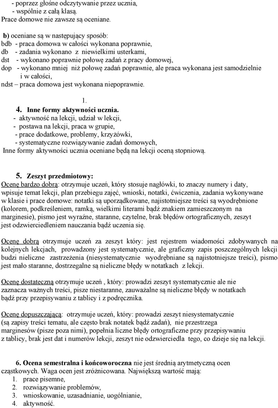 wykonano mniej niż połowę zadań poprawnie, ale praca wykonana jest samodzielnie i w całości, ndst praca domowa jest wykonana niepoprawnie. 1. 4. Inne formy aktywności ucznia.